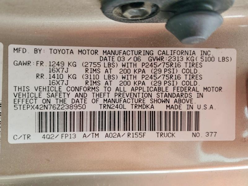 Aukcja sprzedaży 2006 Toyota Tacoma, vin: 5TEPX42N76Z238950, numer aukcji: 70614456