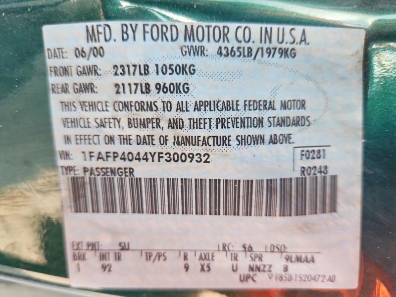 Продаж на аукціоні авто 2000 Ford Mustang, vin: 1FAFP4044YF300932, номер лоту: 70017966