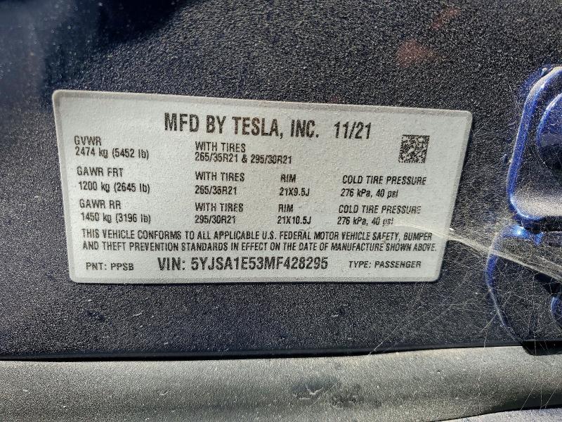 Aukcja sprzedaży 2021 Tesla Model S, vin: 5YJSA1E53MF428295, numer aukcji: 71060646