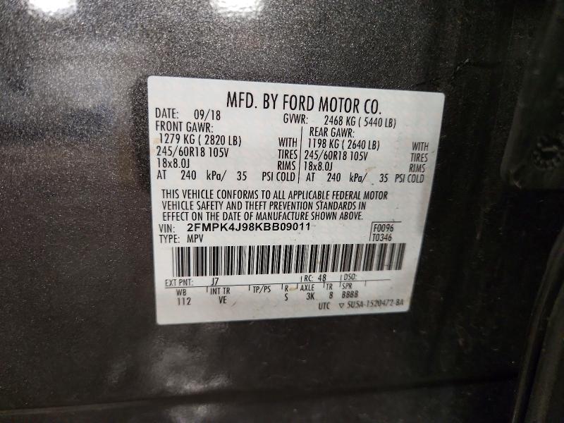 70280106 :رقم المزاد ، 2FMPK4J98KBB09011 vin ، 2019 Ford Edge مزاد بيع