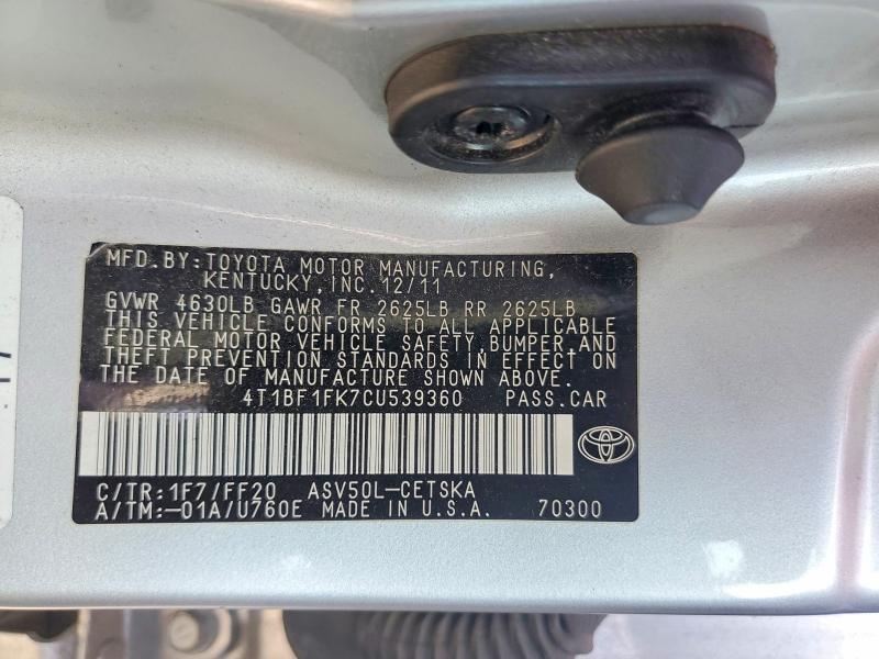 Продаж на аукціоні авто 2012 Toyota Camry, vin: 4T1BF1FK7CU539360, номер лоту: 70724106