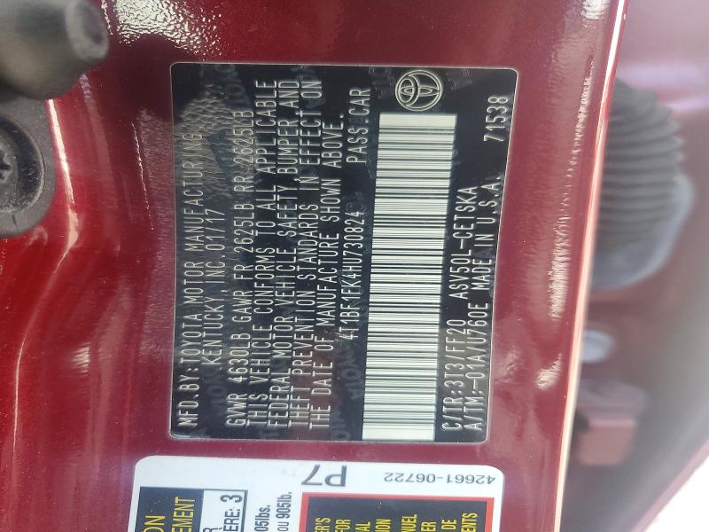 70514286 :رقم المزاد ، 4T1BF1FK4HU730824 vin ، 2017 Toyota Camry مزاد بيع