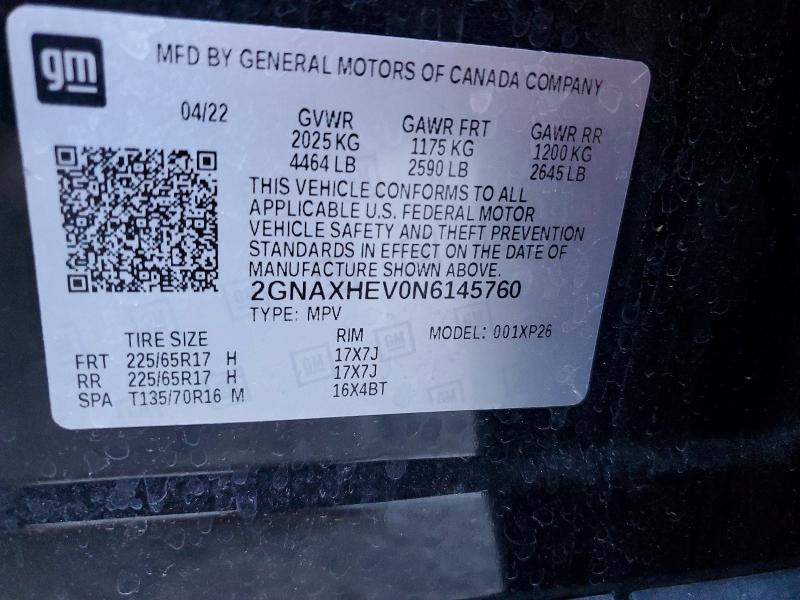 67790256 :رقم المزاد ، 2GNAXHEV0N6145760 vin ، 2022 Chevrolet Equinox مزاد بيع