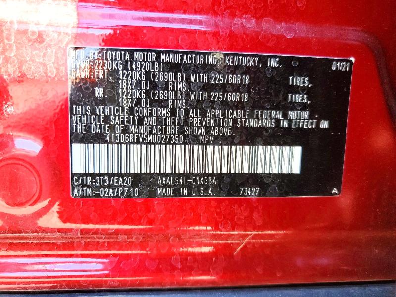 68112536 :رقم المزاد ، 4T3D6RFV5MU027350 vin ، 2021 Toyota Rav4 مزاد بيع