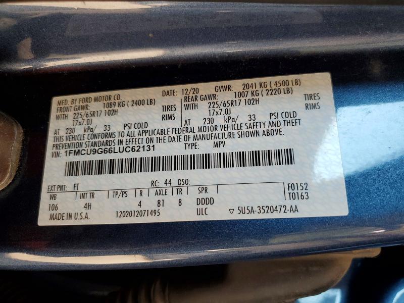 2020 Ford Escape მანქანა იყიდება აუქციონზე, vin: 1FMCU9G66LUC62131, აუქციონის ნომერი: 67781216