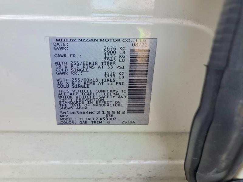 2022 Nissan Pathfinder მანქანა იყიდება აუქციონზე, vin: 5N1DR3BB4NC215583, აუქციონის ნომერი: 67395726