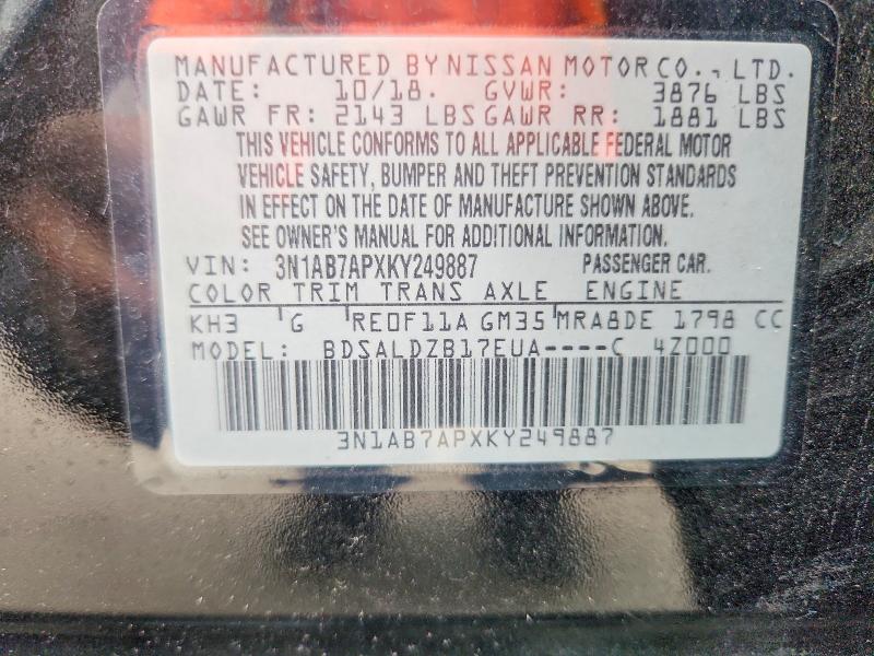 Aukcja sprzedaży 2019 Nissan Sentra, vin: 3N1AB7APXKY249887, numer aukcji: 70221376