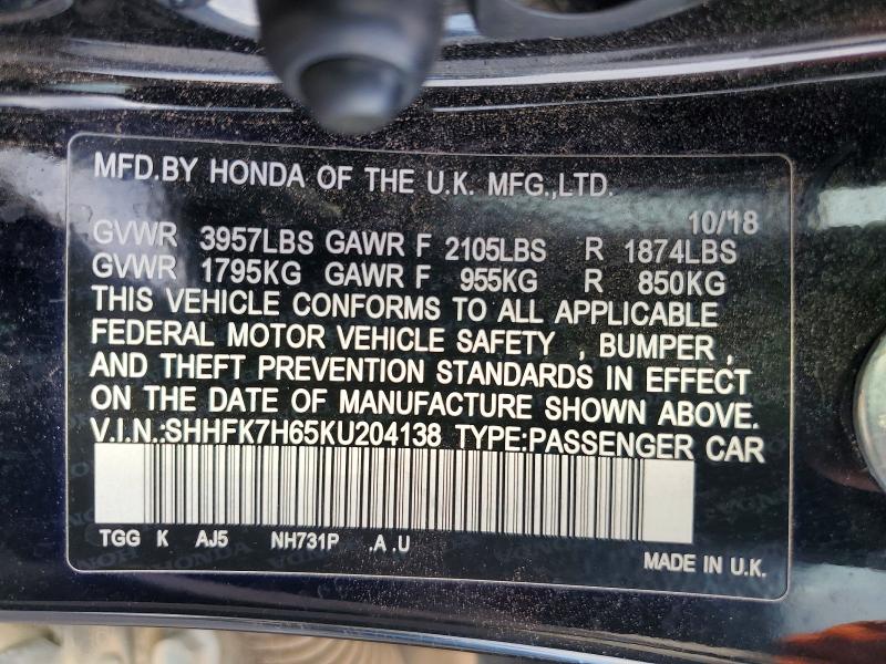 Aukcja sprzedaży 2019 Honda Civic, vin: SHHFK7H65KU204138, numer aukcji: 70953096