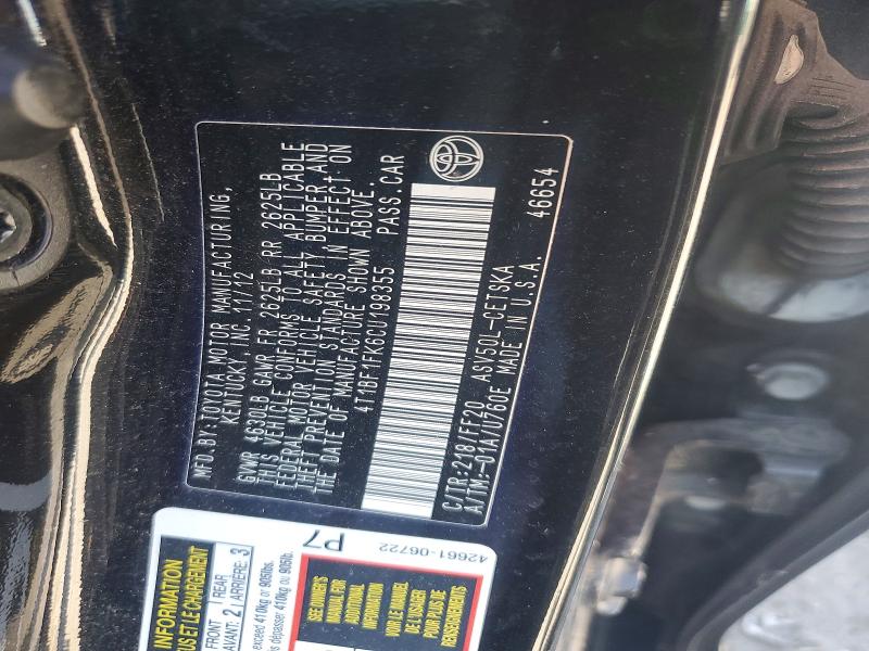 68711106 :رقم المزاد ، 4T1BF1FK6CU198355 vin ، 2012 Toyota Camry مزاد بيع