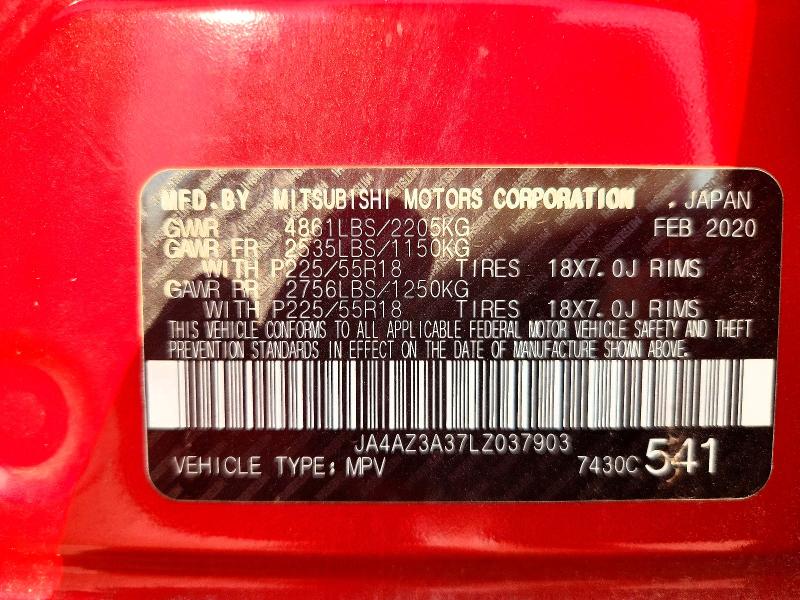 2020 Mitsubishi Outlander მანქანა იყიდება აუქციონზე, vin: JA4AZ3A37LZ037903, აუქციონის ნომერი: 70420536