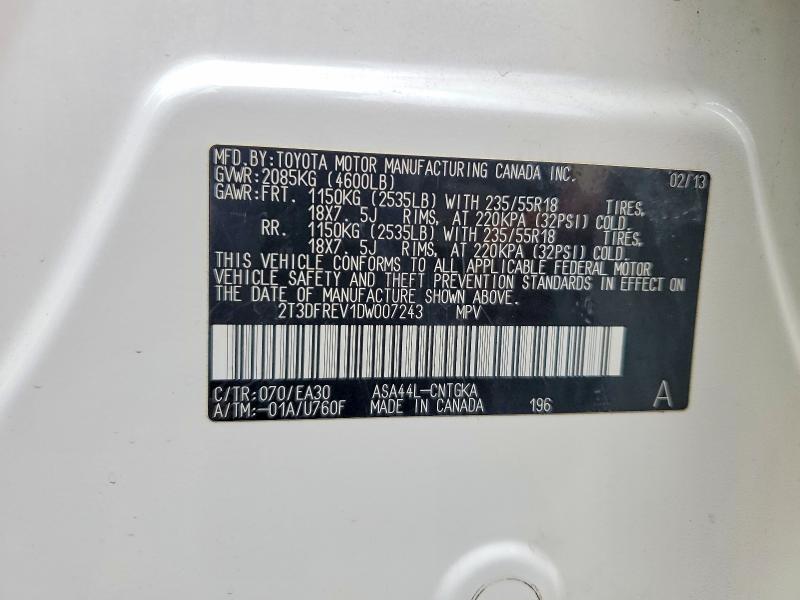 Продаж на аукціоні авто 2013 Toyota Rav4, vin: 2T3DFREV1DW007243, номер лоту: 69400346