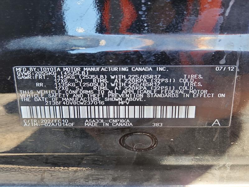 Aukcja sprzedaży 2012 Toyota Rav4, vin: 2T3BF4DV8CW237016, numer aukcji: 70489186