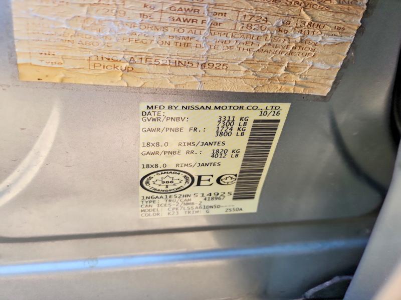 2017 Nissan Titan მანქანა იყიდება აუქციონზე, vin: 1N6AA1E52HN514925, აუქციონის ნომერი: 66707916