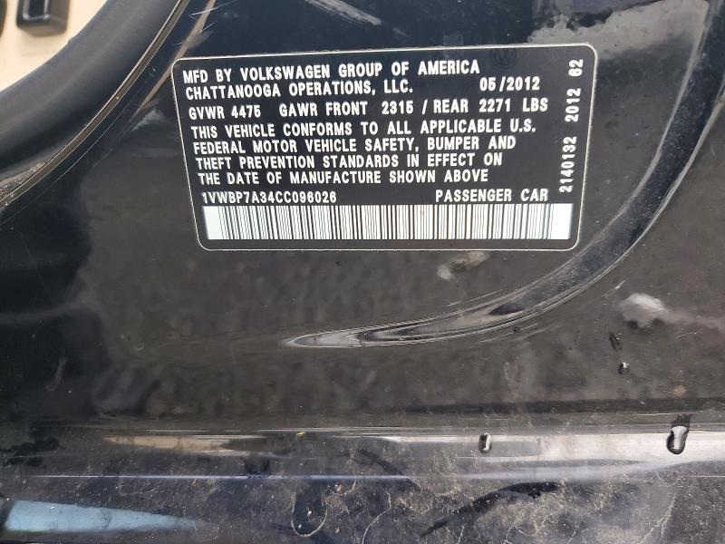 67802796 :رقم المزاد ، 1VWBP7A34CC096026 vin ، 2012 Volkswagen Passat مزاد بيع