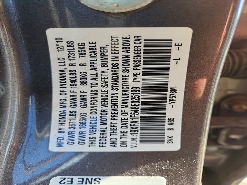 69244216 :رقم المزاد ، 19XFA1F54BE025199 vin ، 2011 Honda Civic مزاد بيع