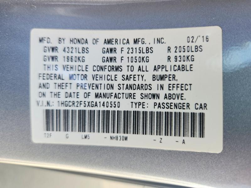 2016 Honda Accord მანქანა იყიდება აუქციონზე, vin: 1HGCR2F5XGA140550, აუქციონის ნომერი: 70111286