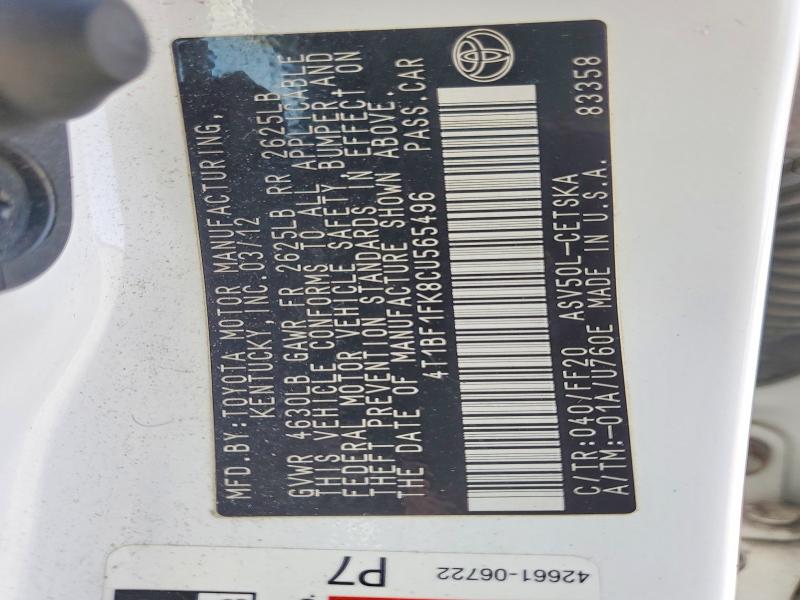 2012 Toyota Camry მანქანა იყიდება აუქციონზე, vin: 4T1BF1FK8CU565496, აუქციონის ნომერი: 69918656