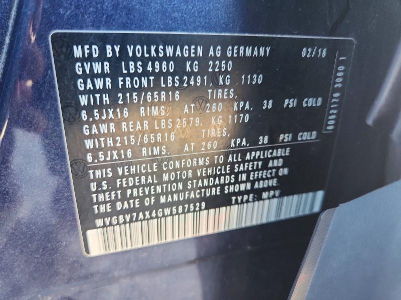 68039126 :رقم المزاد ، WVGBV7AX4GW587529 vin ، 2016 Volkswagen Tiguan مزاد بيع