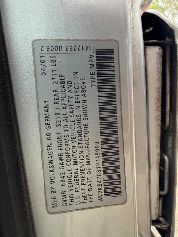 Aukcja sprzedaży 2001 Volkswagen Eurovan, vin: WV2KB47031H149099, numer aukcji: 70263386