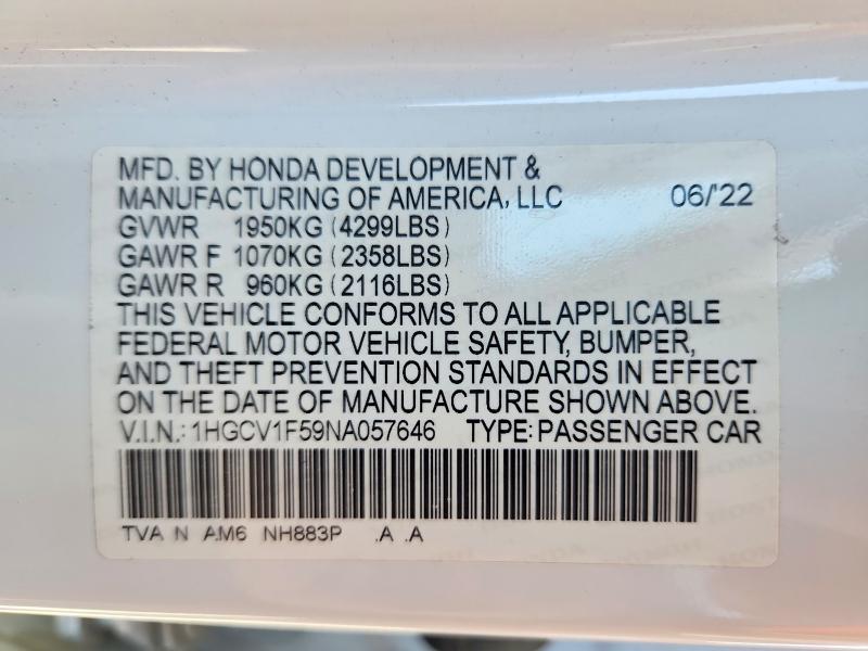 Продажа на аукционе авто 2022 Honda Accord, vin: 1HGCV1F59NA057646, номер лота: 68706936
