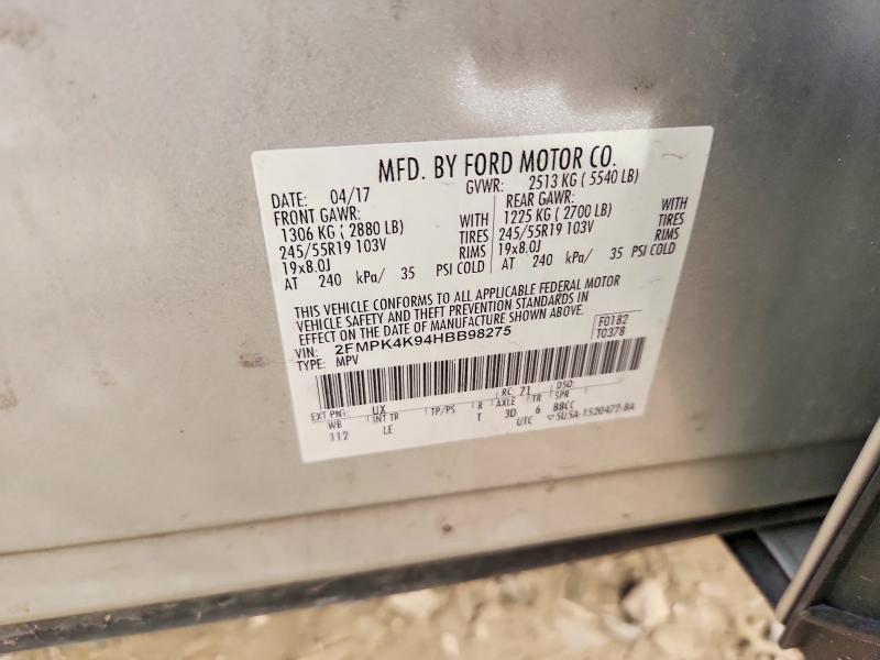 70433806 :رقم المزاد ، 2FMPK4K94HBB98275 vin ، 2017 Ford Edge مزاد بيع