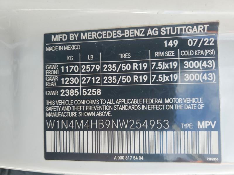 2022 Mercedes-benz Glb მანქანა იყიდება აუქციონზე, vin: W1N4M4HB9NW254953, აუქციონის ნომერი: 69781606
