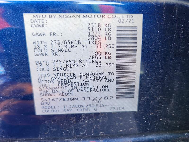 Aukcja sprzedaży 2021 Nissan Murano, vin: 5N1AZ2BJ6MC112782, numer aukcji: 65961566