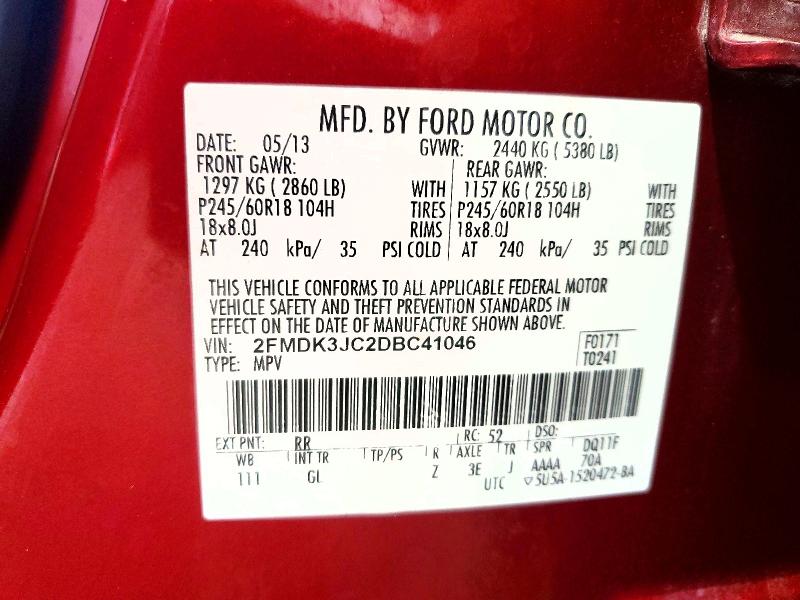 71027076 :رقم المزاد ، 2FMDK3JC2DBC41046 vin ، 2013 Ford Edge مزاد بيع