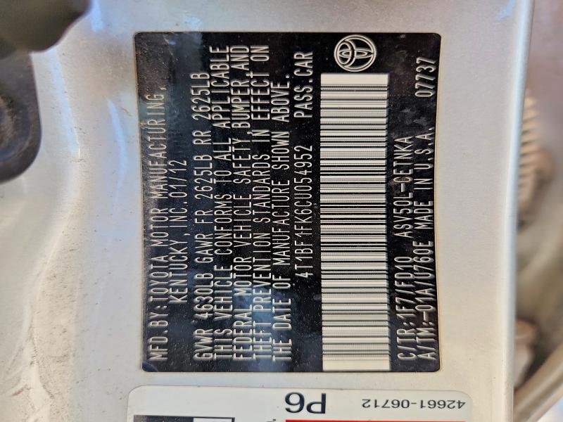 2012 Toyota Camry მანქანა იყიდება აუქციონზე, vin: 4T1BF1FK6CU054952, აუქციონის ნომერი: 67209226