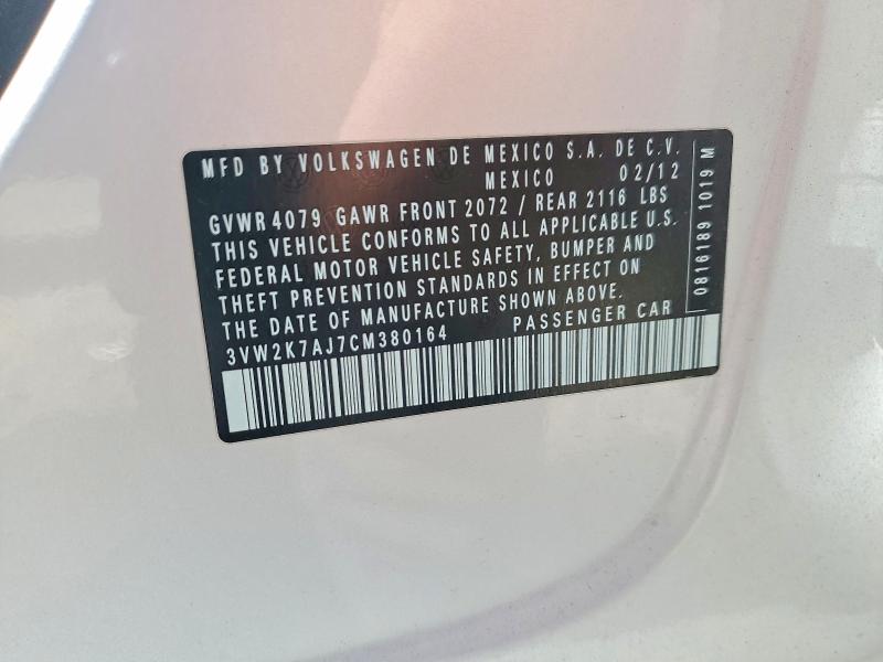 69256406 :رقم المزاد ، 3VW2K7AJ7CM380164 vin ، 2012 Volkswagen Jetta مزاد بيع