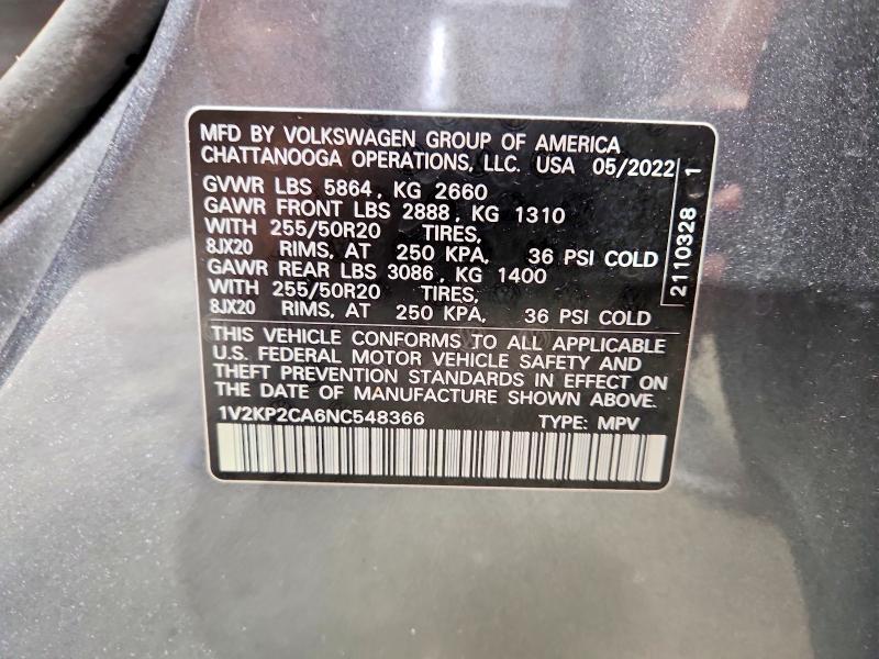 2022 Volkswagen Atlas მანქანა იყიდება აუქციონზე, vin: 1V2KP2CA6NC548366, აუქციონის ნომერი: 68642616