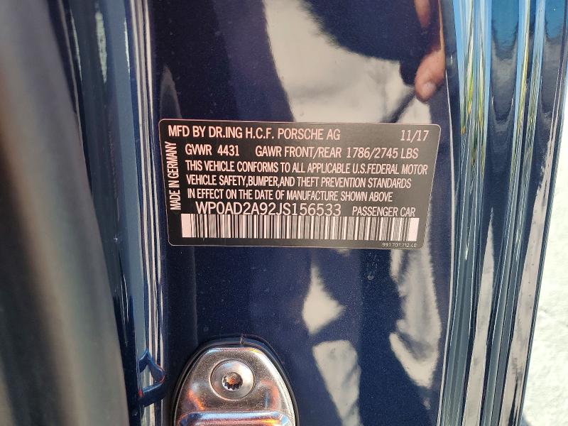 69908866 :رقم المزاد ، WP0AD2A92JS156533 vin ، 2018 Porsche 911 مزاد بيع