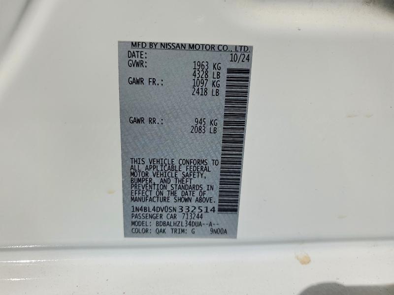 2025 Nissan Altima მანქანა იყიდება აუქციონზე, vin: 1N4BL4DV0SN332514, აუქციონის ნომერი: 69059266