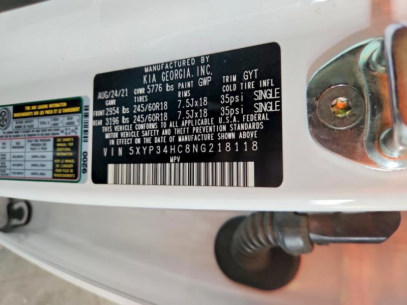 68667806 :رقم المزاد ، 5XYP34HC8NG218118 vin ، 2022 Kia Telluride مزاد بيع