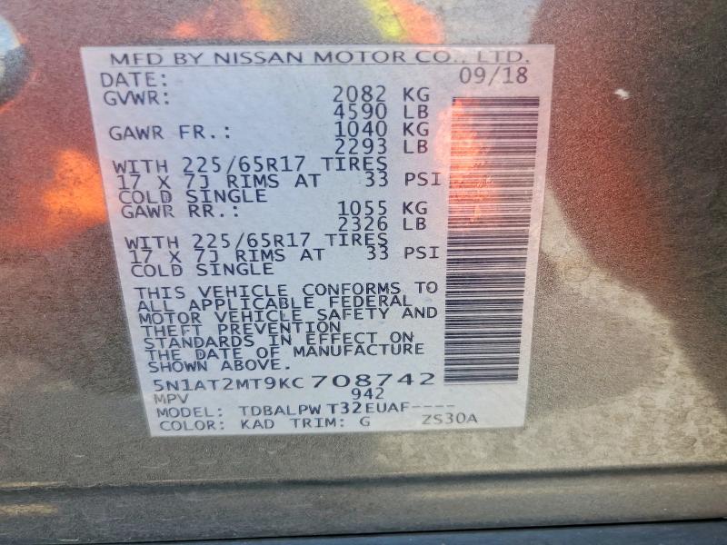 66443326 :رقم المزاد ، 5N1AT2MT9KC708742 vin ، 2019 Nissan Rogue مزاد بيع