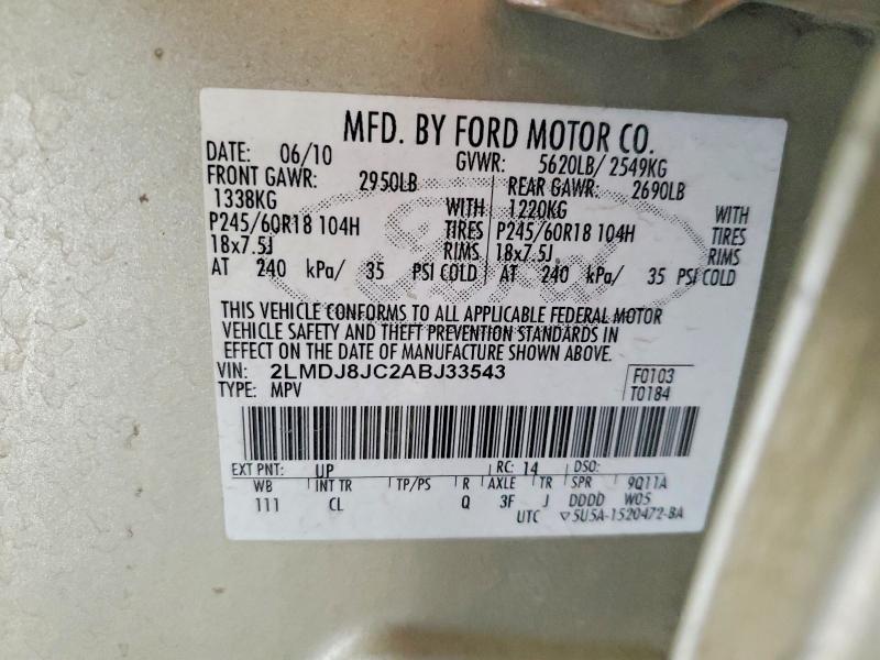 70324986 :رقم المزاد ، 2LMDJ8JC2ABJ33543 vin ، 2010 Lincoln Mkx مزاد بيع