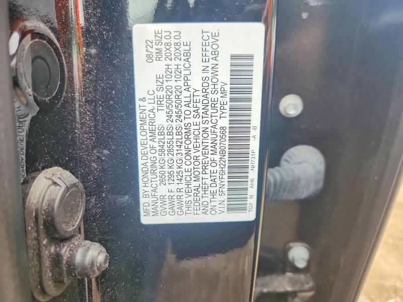Продажа на аукционе авто 2022 Honda Pilot, vin: 5FNYF6H22NB070568, номер лота: 68234086