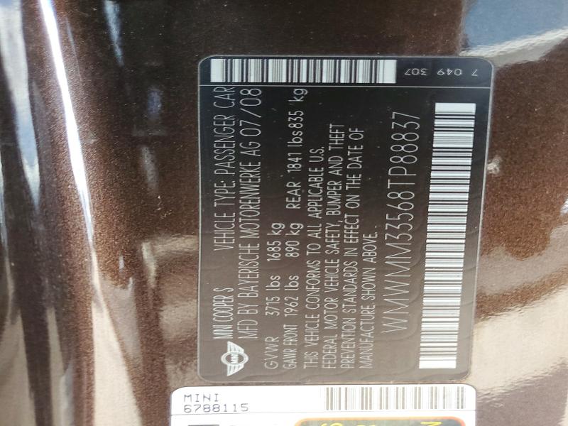 Продаж на аукціоні авто 2008 Mini Cooper, vin: WMWMM33568TP88837, номер лоту: 69174376