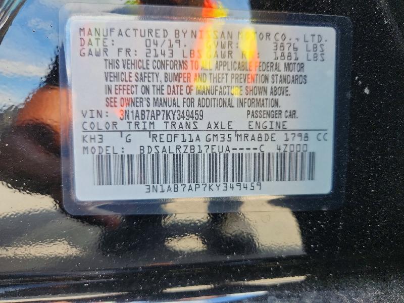 2019 Nissan Sentra მანქანა იყიდება აუქციონზე, vin: 3N1AB7AP7KY349459, აუქციონის ნომერი: 70618476