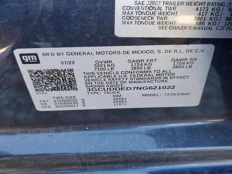 Aukcja sprzedaży 2022 Chevrolet Silverado, vin: 3GCUDDED7NG621022, numer aukcji: 68663266