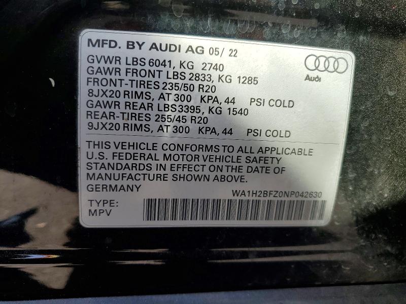 2022 Audi Q4 E-tron მანქანა იყიდება აუქციონზე, vin: WA1H2BFZ0NP042630, აუქციონის ნომერი: 68200676