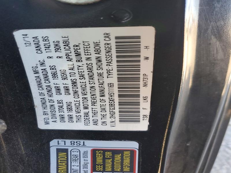 Aukcja sprzedaży 2015 Honda Civic, vin: 2HGFG3B5XFH511169, numer aukcji: 68970036