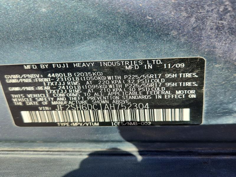 2010 Subaru Forester მანქანა იყიდება აუქციონზე, vin: JF2SH6DC1AH752304, აუქციონის ნომერი: 68143246