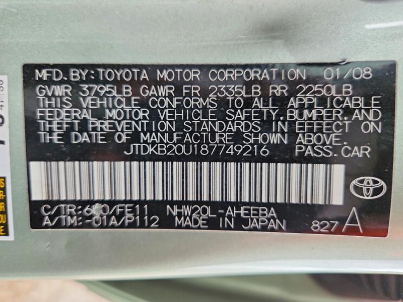 Продаж на аукціоні авто 2008 Toyota Prius, vin: JTDKB20U187749216, номер лоту: 68176996