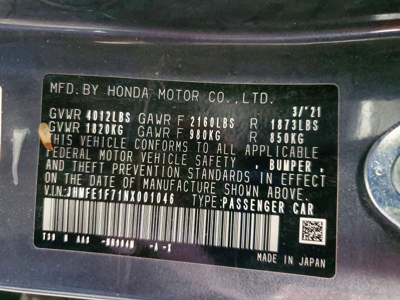 Aukcja sprzedaży 2022 Honda Civic, vin: JHMFE1F71NX001046, numer aukcji: 66254106