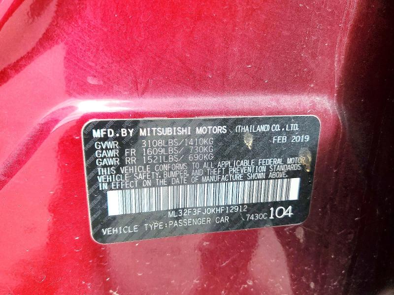 67905896 :رقم المزاد ، ML32F3FJ0KHF12912 vin ، 2019 Mitsubishi Mirage مزاد بيع