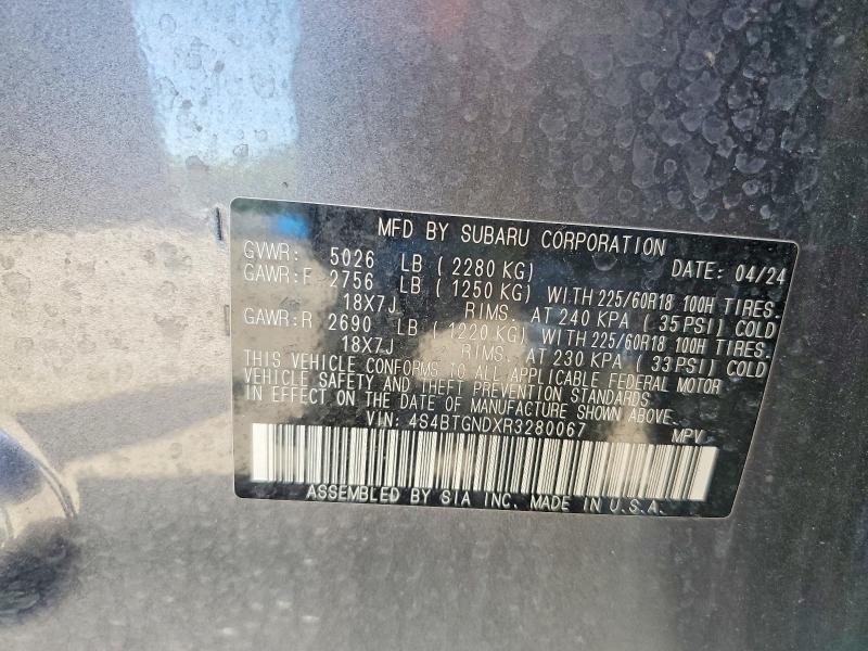2024 Subaru Outback მანქანა იყიდება აუქციონზე, vin: 4S4BTGNDXR3280067, აუქციონის ნომერი: 67725886