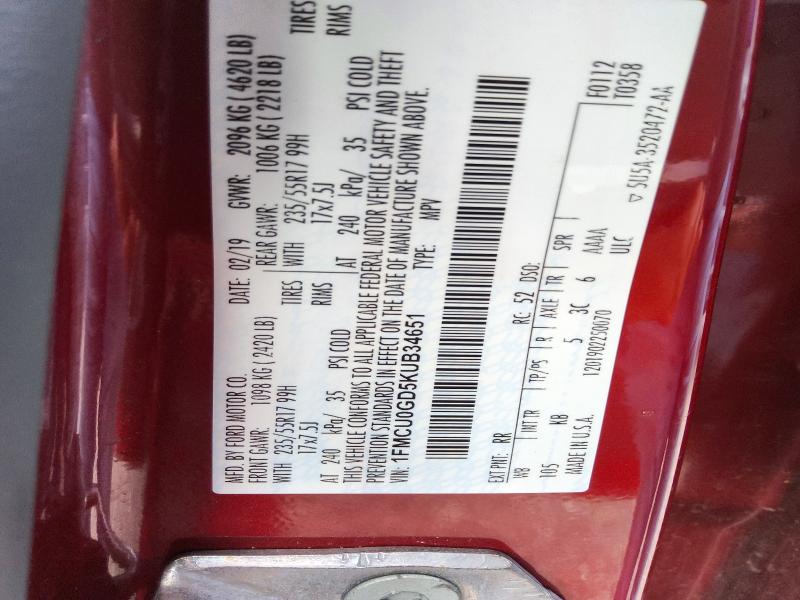 2019 Ford Escape მანქანა იყიდება აუქციონზე, vin: 1FMCU0GD5KUB34651, აუქციონის ნომერი: 67002316