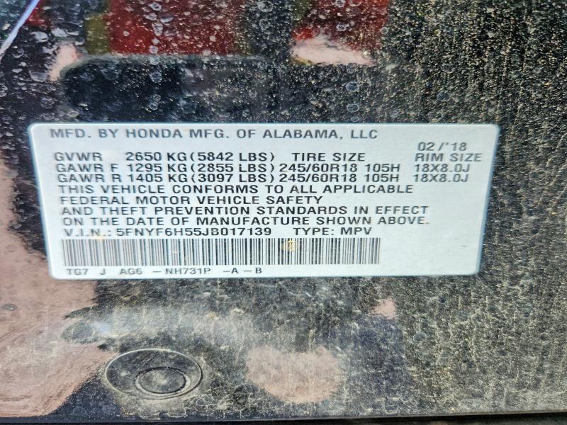 2018 Honda Pilot მანქანა იყიდება აუქციონზე, vin: 5FNYF6H55JB017139, აუქციონის ნომერი: 67594306