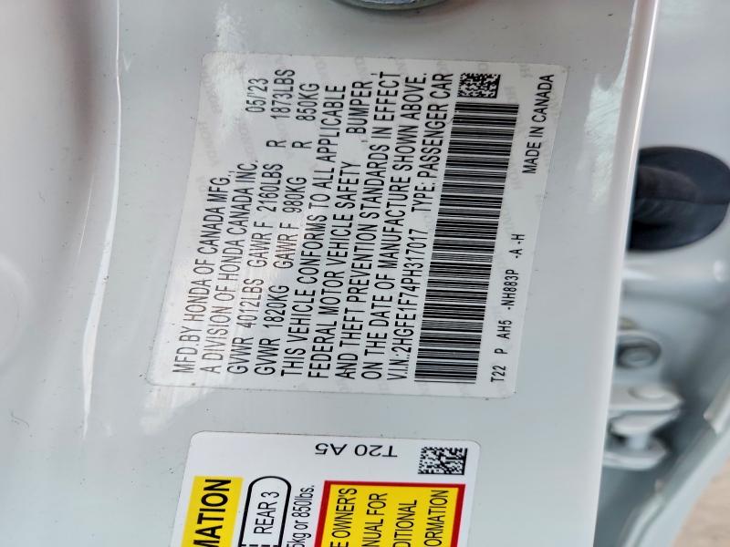 2023 Honda Civic მანქანა იყიდება აუქციონზე, vin: 2HGFE1F74PH317017, აუქციონის ნომერი: 67695956
